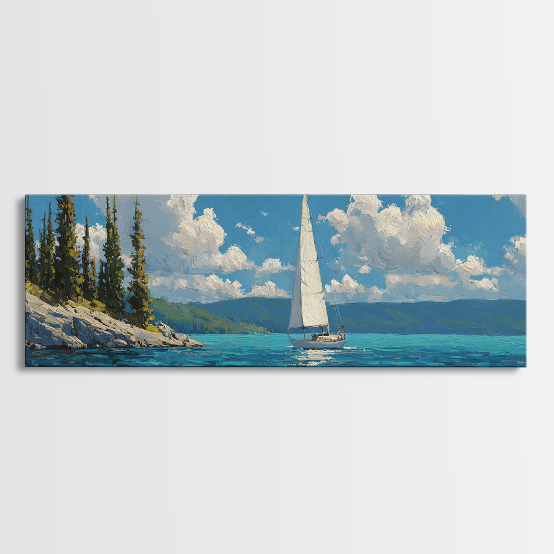 Sailboat At Sea Blue Water Maritime Painting Canvas Print Wall Art For Coastal Home Decor And Nautical Wall Decoration