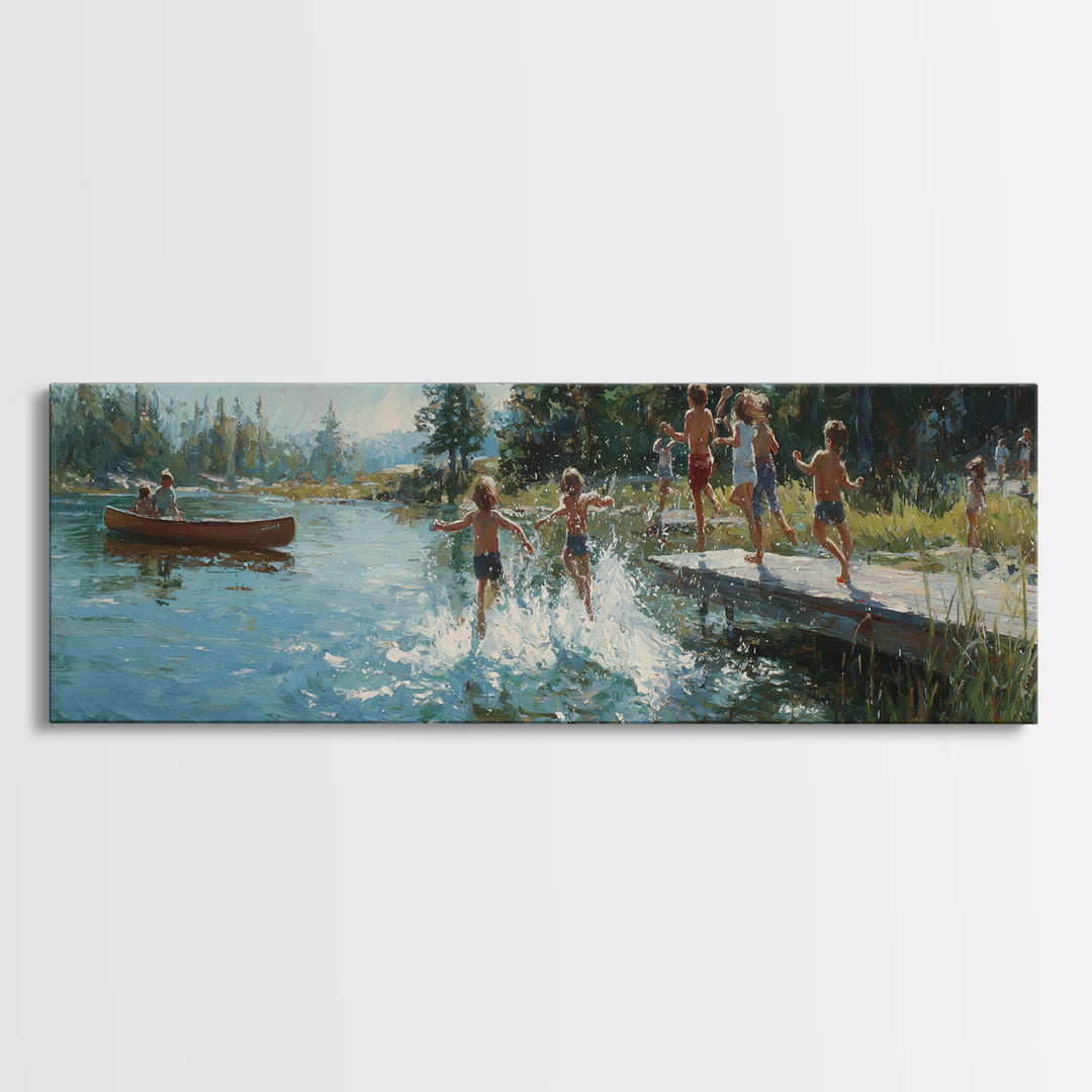 Oil Painting Of Children Playing Near Dock By Lake At Sunset Colorful Nature Wall Art Canvas Print