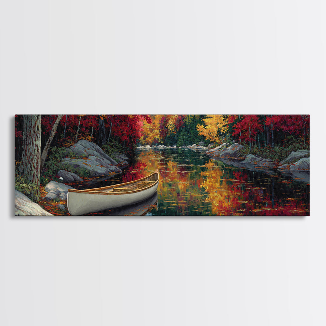 Peaceful Autumn River Scene With Canoe In Fall Colors Landscape Painting Framed Canvas Print Tranquil Nature Wall Art Gift