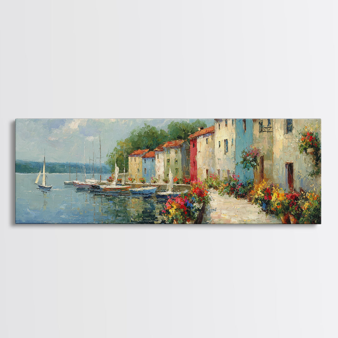 Classic Mediterranean Coastal Village With Colorful Buildings And Boats Oil Painting Canvas Print For Rustic Wall Art