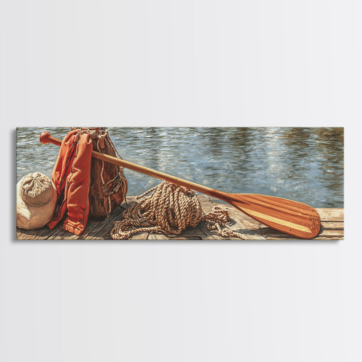 Peaceful Canoe Scene Painting With Person Rowing On Golden Water Reflecting Sunset Natural Wall Art