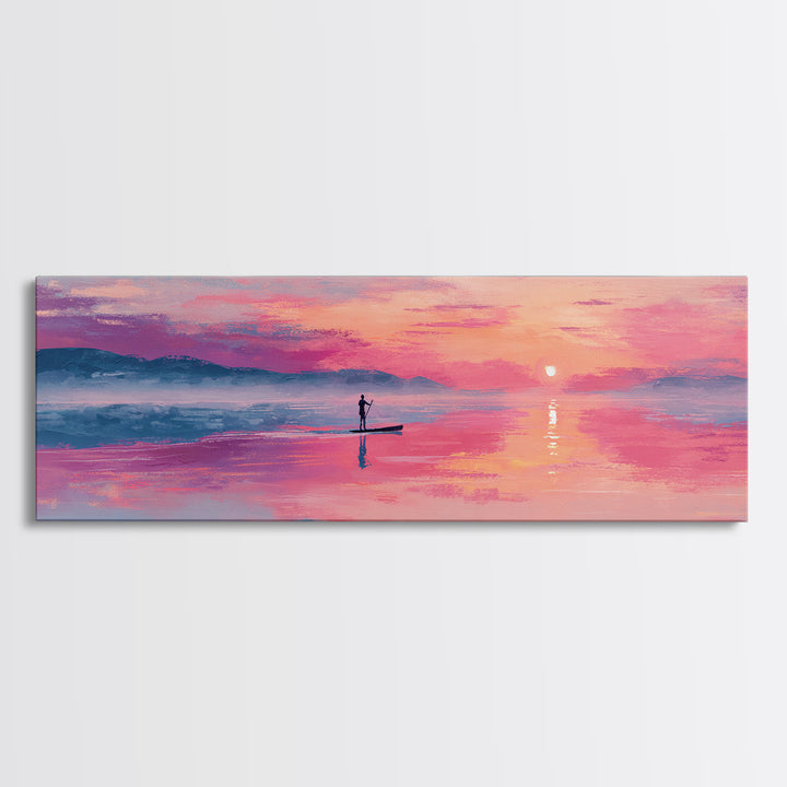 Serene Paddleboarder At Sunset With Pink Purple Sky Wall Art Canvas Print For Coastal Home Decor