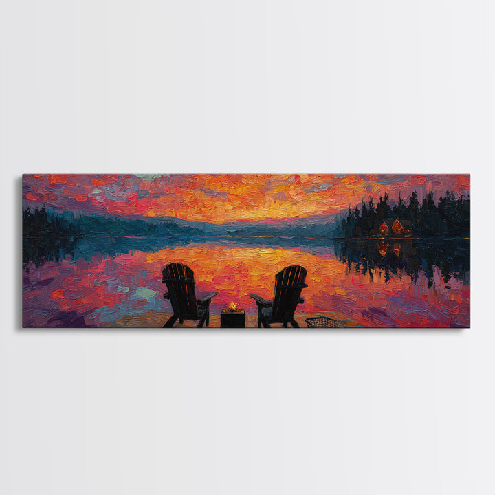 Rustic Sunset Lake Scene With Empty Chairs And Fire Pit Oil Painting Wall Art Framed Canvas Print