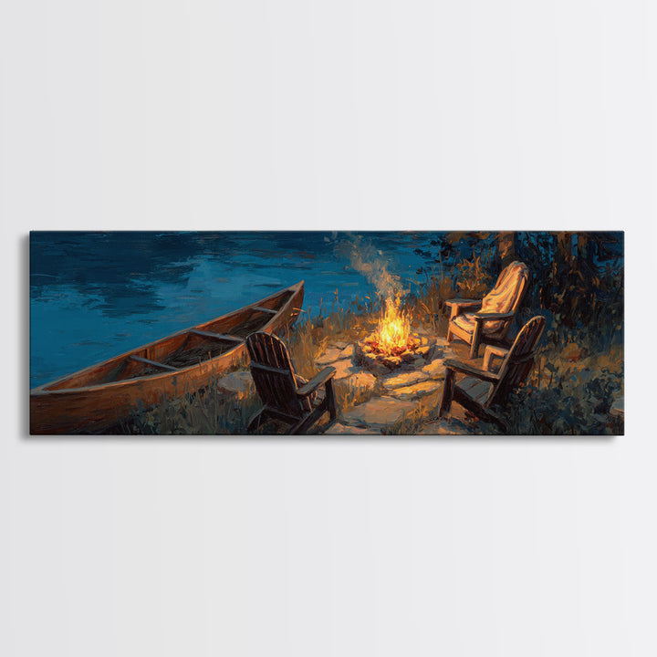 Tranquil Lakeside Campfire Scene With Chairs And Canoe Wall Art Canvas Print For Cozy Home Decor Rustic Bedroom Gift Ideas