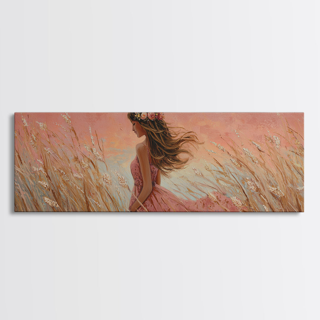 Boho Girl In Pink Dress Through Golden Wheat Field Canvas Print, Feminine Wall Art, Romantic Bedroom Decor, Housewarming Gift For Her
