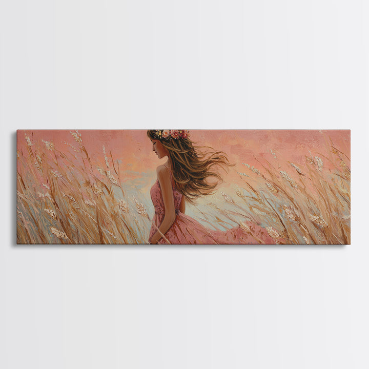 Boho Girl In Pink Dress Through Golden Wheat Field Canvas Print, Feminine Wall Art, Romantic Bedroom Decor, Housewarming Gift For Her