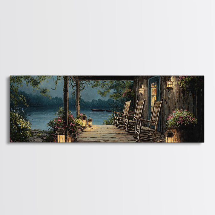 Cozy Lakeside Porch At Twilight Featuring Rocking Chairs And Lanterns Wall Art Perfect For Rustic Home Decor And Living Room