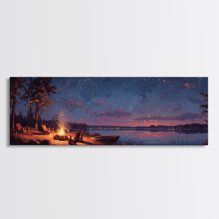 Serene Lakeside Campfire Under Starry Night Sky Wall Art Framed Canvas Print Cozy Outdoor Home Decor
