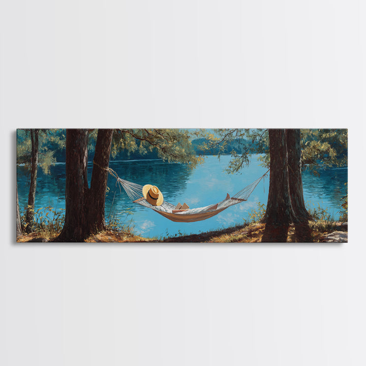 Peaceful Lake Scene With Person Reading In Hammock Among Trees Wall Art Framed Canvas Print For Relaxing Home Decor