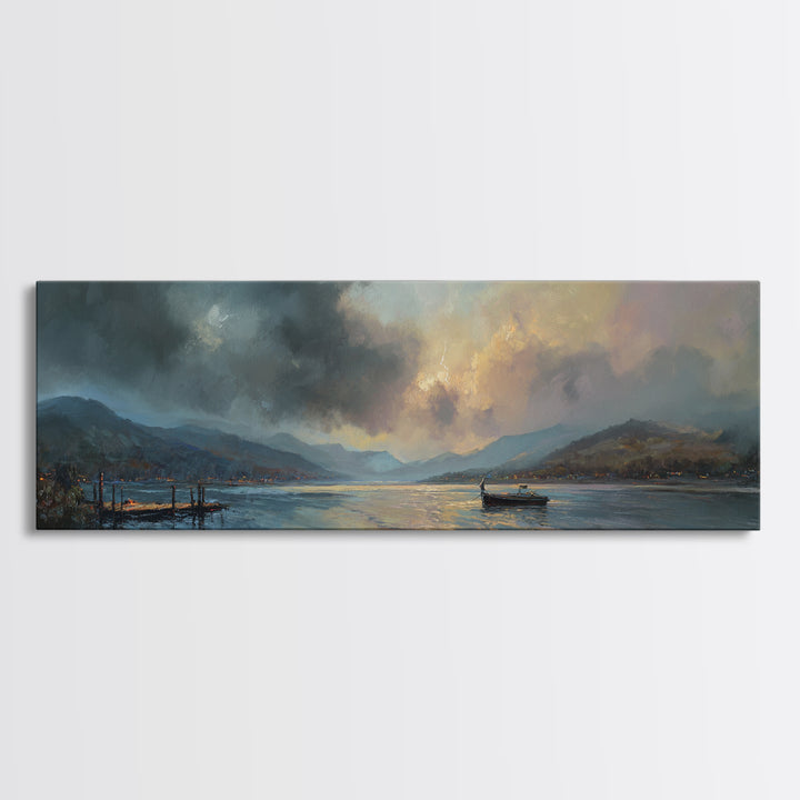 Atmospheric Lake At Dusk With Glowing Sky And Mountain Silhouette Canvas Print Modern Landscape Wall Art For Elegant Home Decor