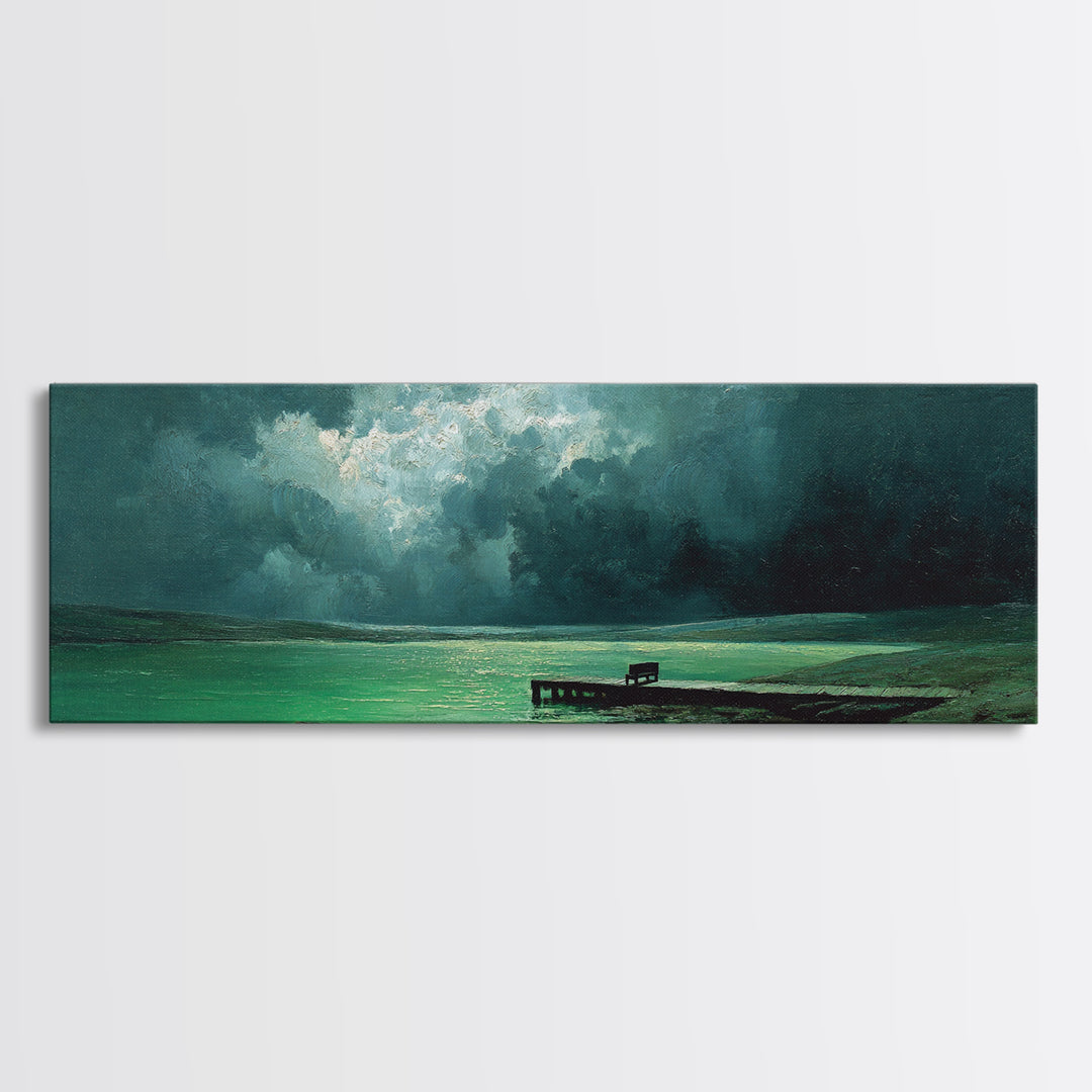 Moody Green Lakeside Dock Morning Mist Oil Landscape Painting Wall Art Canvas Print For Forest And Nature Home Decor