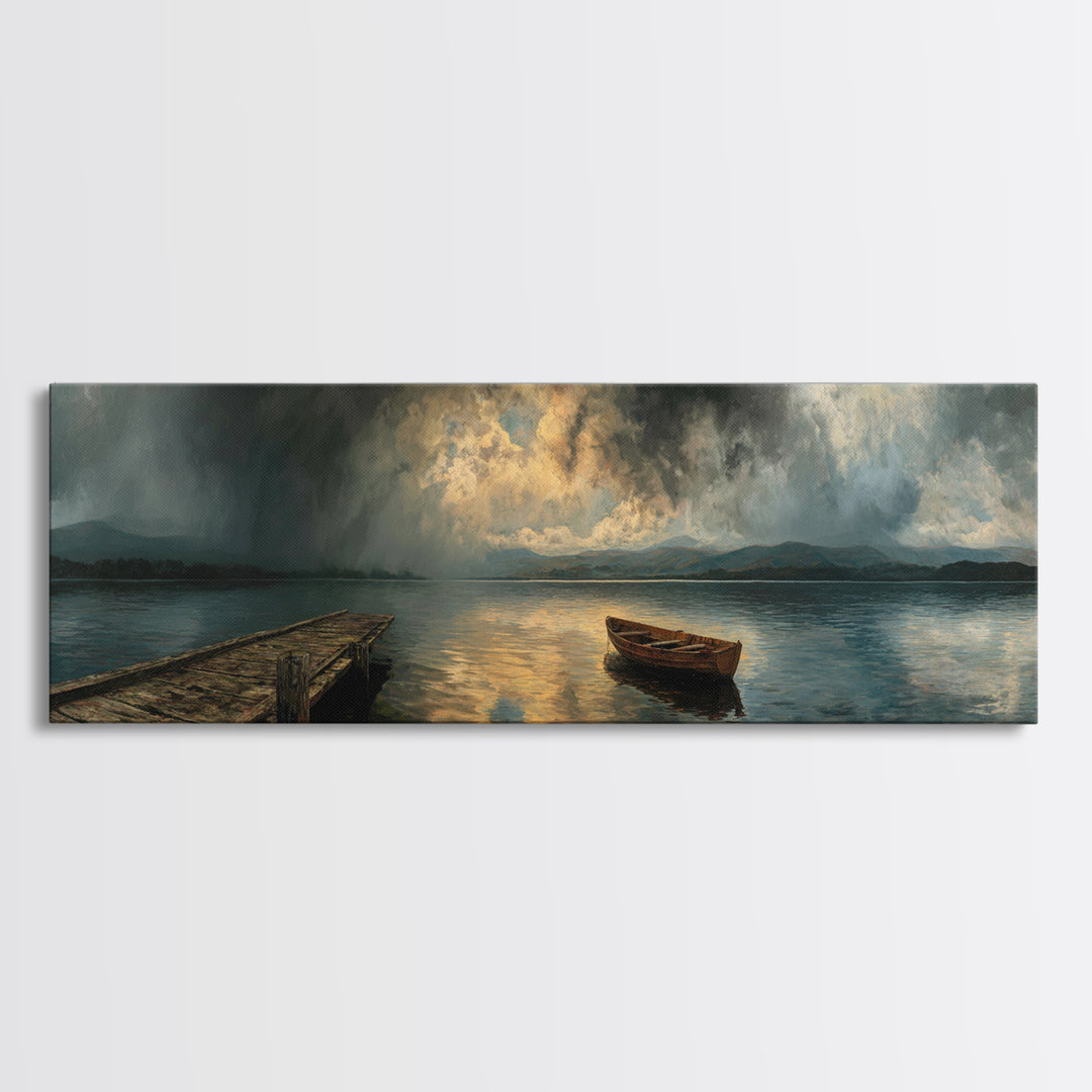 Misty Lake With Old Rowboat Wooden Dock Peaceful Landscape Print - Canvas Print, Nature Wall Art, Rustic Home Decor, Living Room Art, Gift