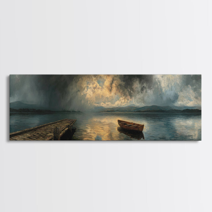 Misty Lake With Old Rowboat Wooden Dock Peaceful Landscape Print - Canvas Print, Nature Wall Art, Rustic Home Decor, Living Room Art, Gift