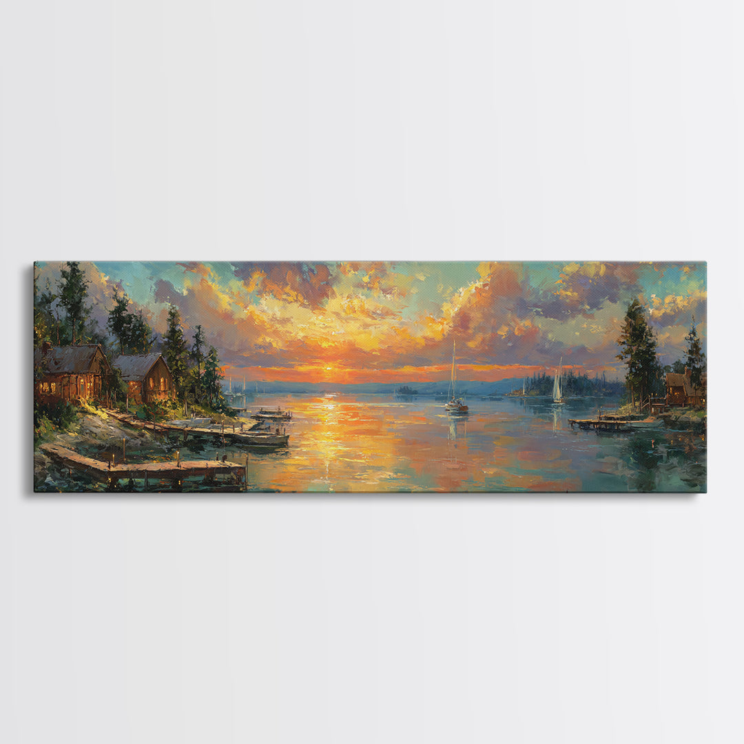 Vibrant Sunset Harbor Scene With Sailing Boats And Illuminated Dock Landscape Wall Art For Living Room And Coastal Home Decor Canvas Print