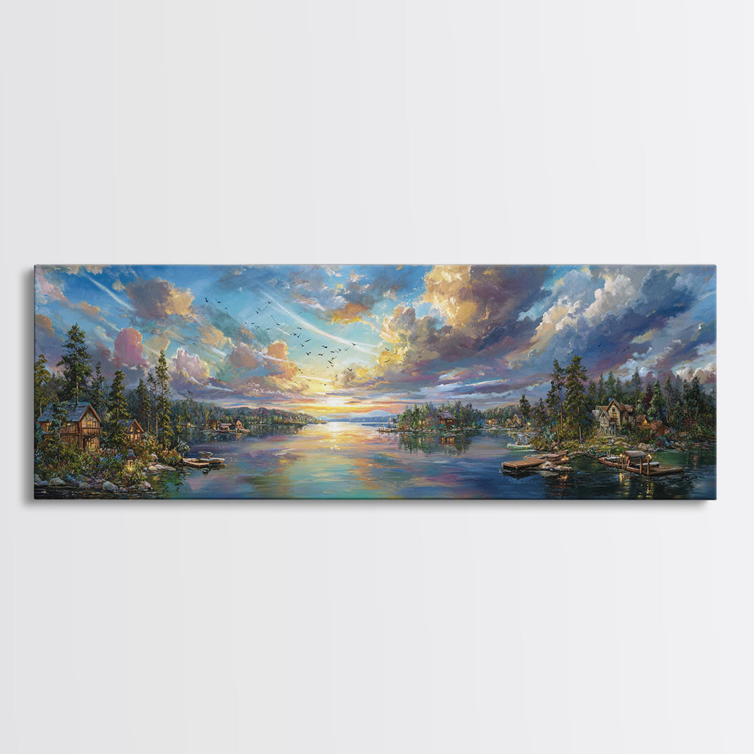 Serene Sunset Landscape Painting Wall Art Framed Canvas Print Vibrant Nature Scene With Lake And Mountains Home Decor