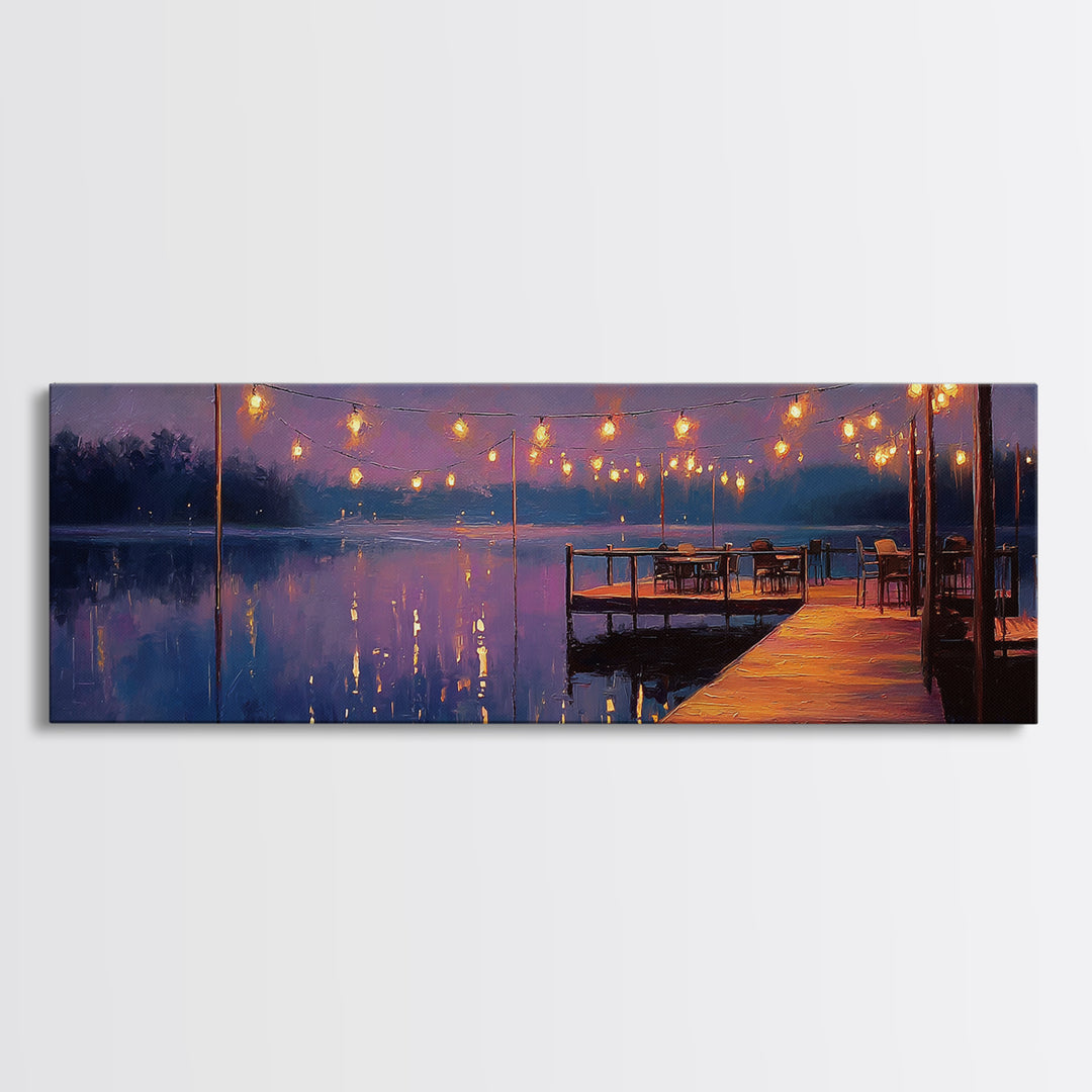 Cozy Lakeside Evening With Warm Lights Over Water - Serene Landscape Wall Art Framed Canvas Print For Relaxing Home Decor