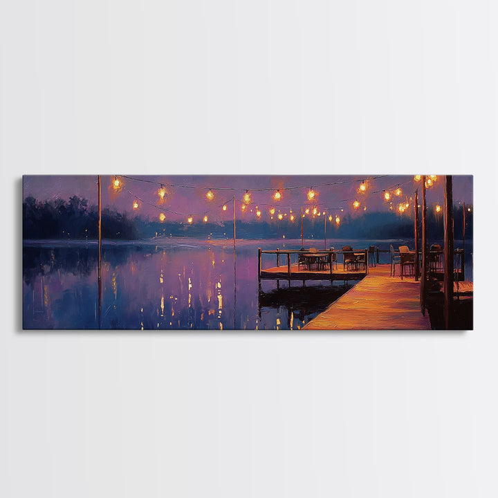 Cozy Lakeside Evening With Warm Lights Over Water - Serene Landscape Wall Art Framed Canvas Print For Relaxing Home Decor