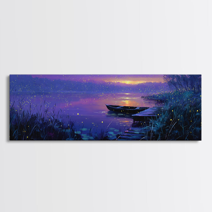 Serene Nighttime Lake Scene With Boat And Fireflies Peaceful Landscape Wall Art Canvas Print