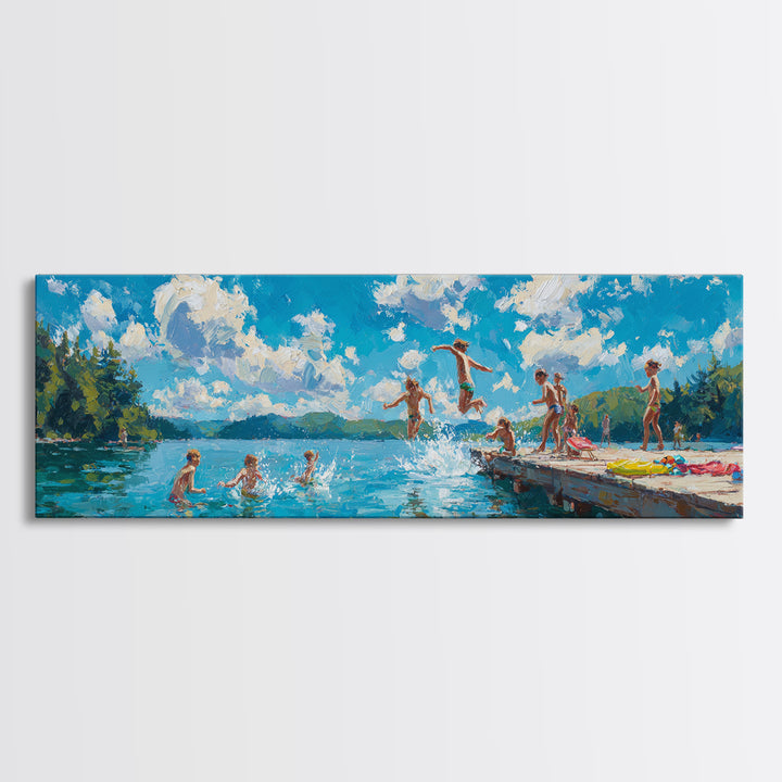 Energetic Summer Kids Jumping Into Lake Water From Dock Painting Vibrant Outdoor Scene Wall Art Framed Canvas Print For Playful Decor
