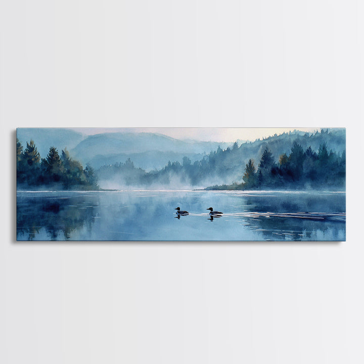 Mystical Lakeside Scene With Two Loons Swimming Among Misty Trees Watercolor Painting Canvas Print For Nature Wall Art