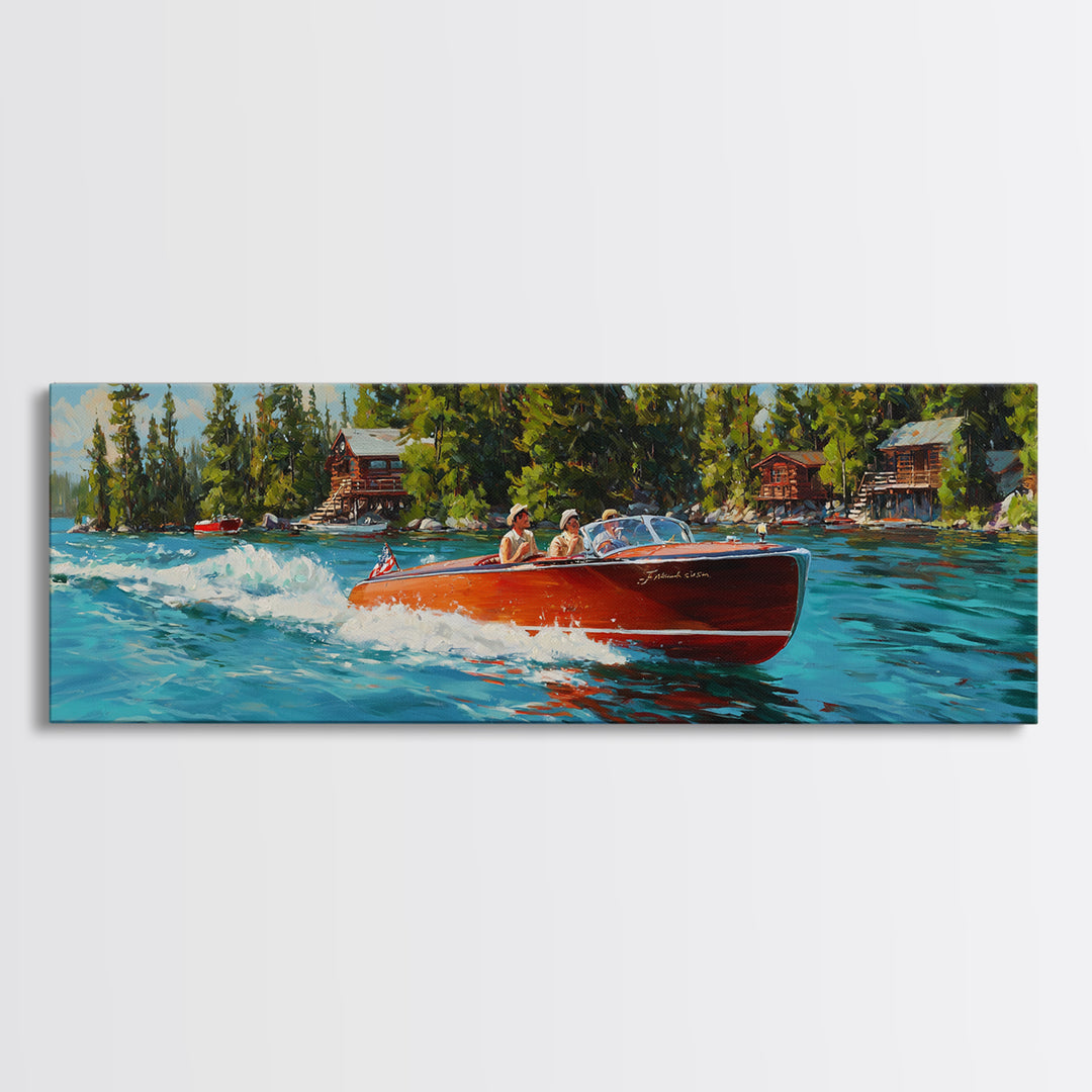 Classic Speedboat On Lake Painting With Bright Red Wood Vessel And Scenic Nature Watercraft Wall Art Print