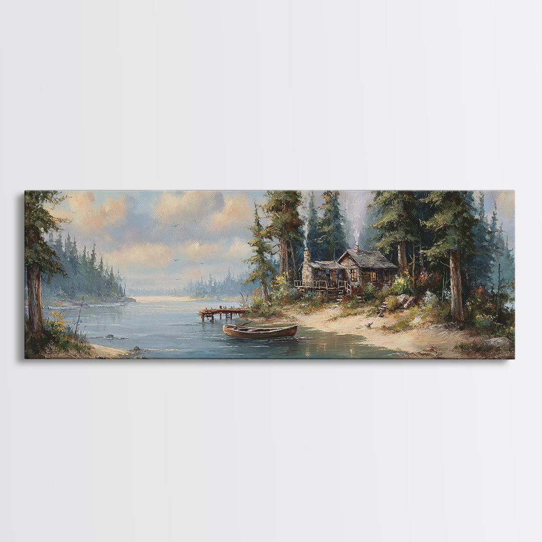 Rustic Cabin By The Lake Painting In A Serene Forest Landscape Wall Art Framed Canvas Print Nature Home Decor