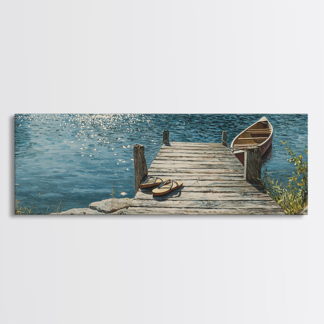 Rustic Lakeside Dock With Flip Flops Oil Painting Wall Art Framed Canvas Print Featuring Serene Water Scene And Cozy Summer Vibes
