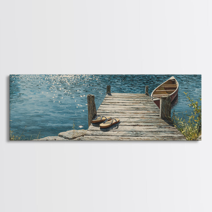 Rustic Lakeside Dock With Flip Flops Oil Painting Wall Art Framed Canvas Print Featuring Serene Water Scene And Cozy Summer Vibes