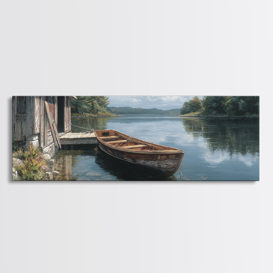 Tranquil Lakeside Rowboat Calm Water Reflection Painting - Serene Nature Wall Art Framed Canvas Print For Rustic Home Decor