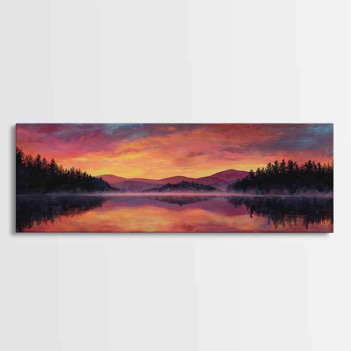 Calm Lake And Canoe At Sunrise With Soft Light Framed Canvas Print Nature Wall Art For Bedroom Decor