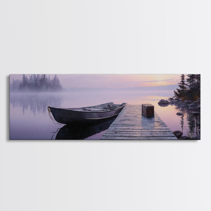 Peaceful Lake At Sunrise With Boat Scenic Landscape Painting Canvas Print For Rustic Home Decor And Large Wall Art