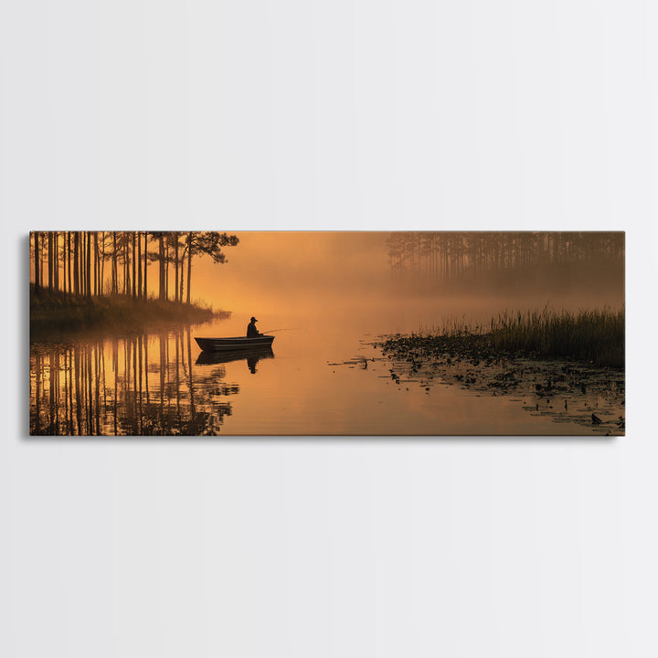 Peaceful Fisherman On Misty Lake At Sunrise Nature Wall Art Canvas Print For Tranquil Living Room Decor