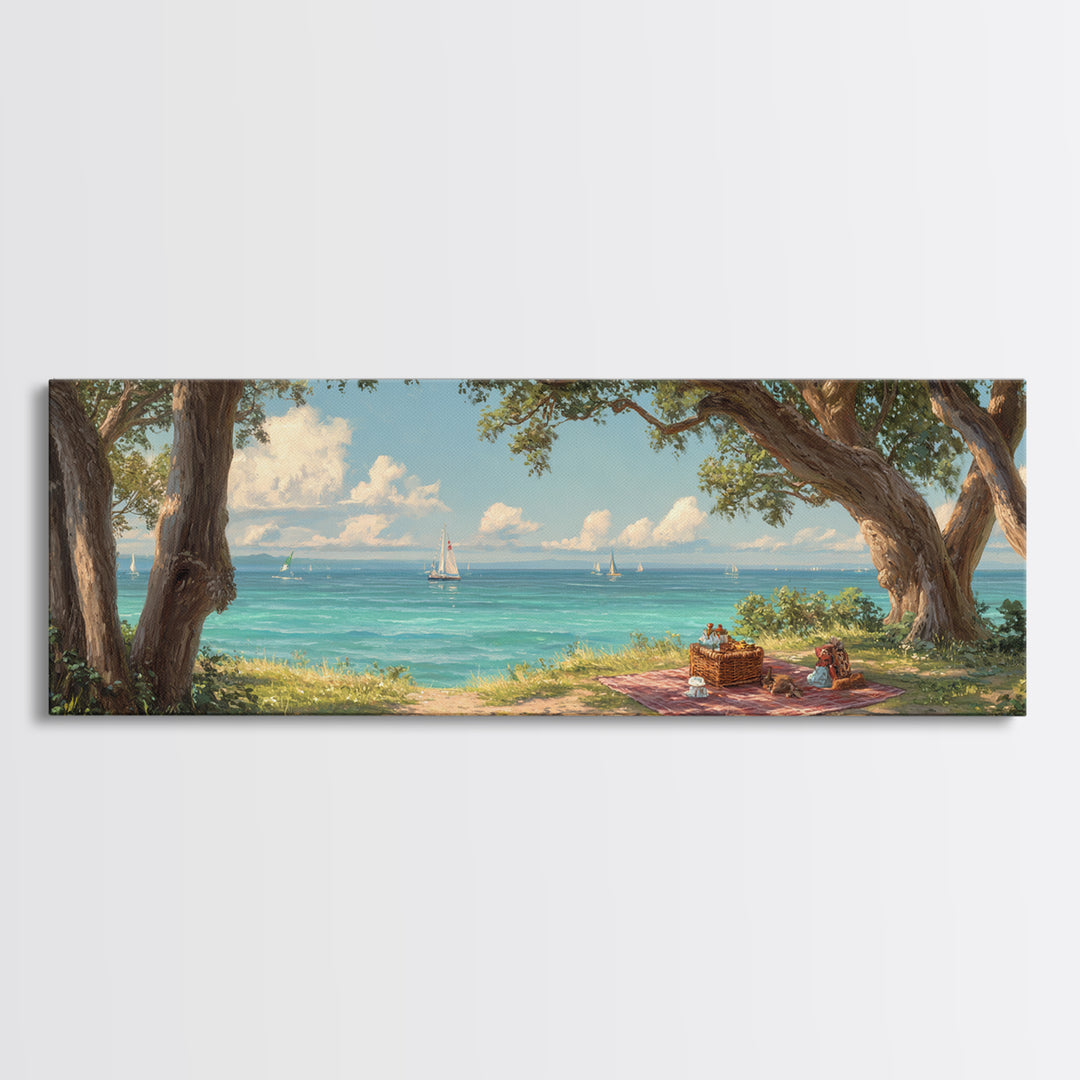 Coastal Picnic Scene With Tranquil Blue Ocean And Sailboats Under Trees - Serene Wall Art Framed Canvas Print For Home Decor