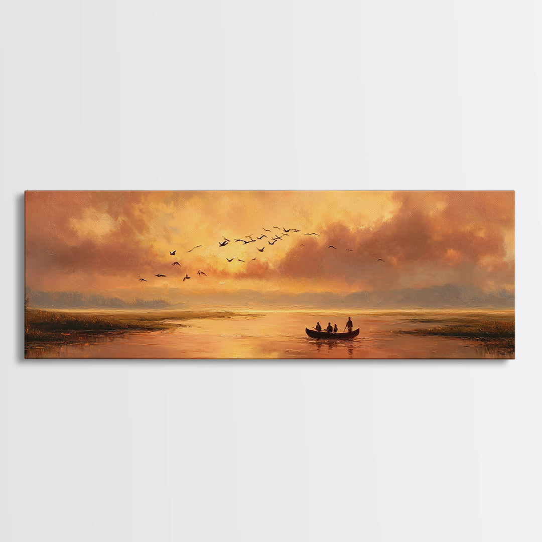 Majestic Canvas Print Featuring Golden Light Over Calm River With Silhouetted Boat Serene Landscape Art For Living Room Home Decor And Tranquil Spaces