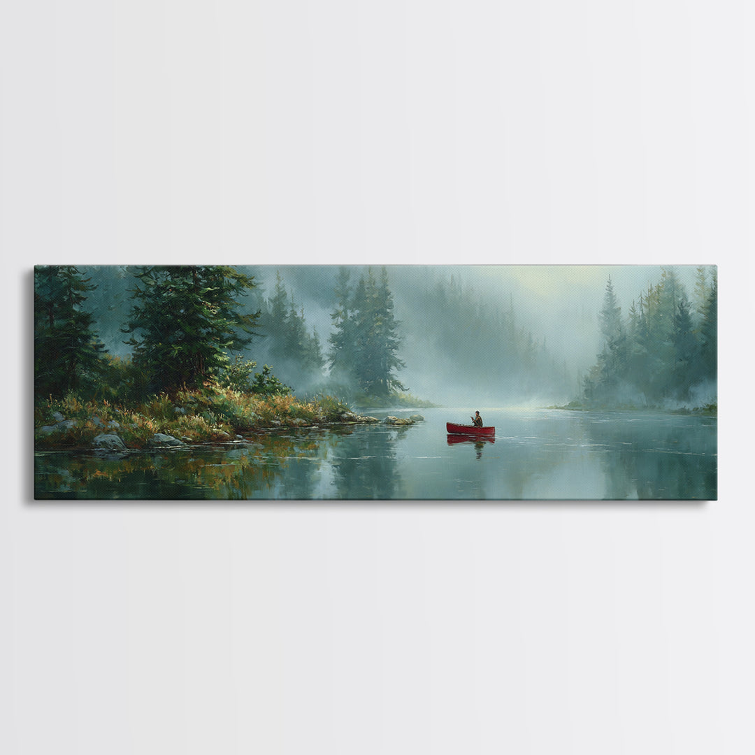 Peaceful Canoeist On Misty River Reflecting Mountain Landscape Wall Art Fine Art Canvas Print For Living Room