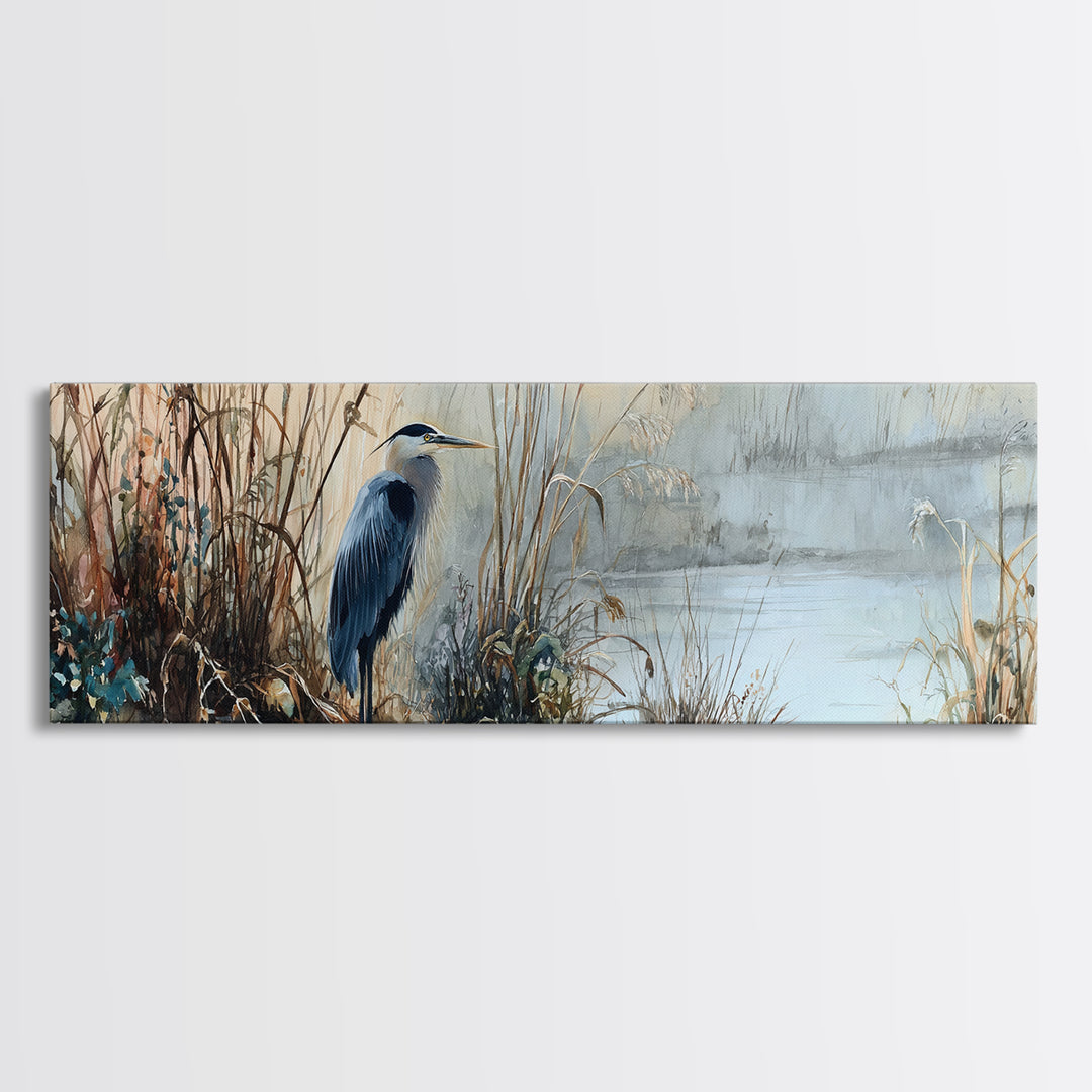 Detailed Watercolor Painting Of Heron By Misty Lakeside Capturing Serene Nature Wall Art Print