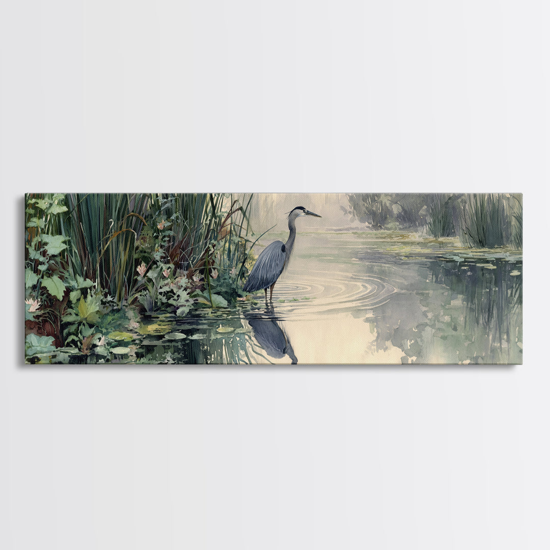 Serene Watercolor Painting Of Heron Standing In Misty Wetlands Surrounded By Lush Vegetation Wall Art