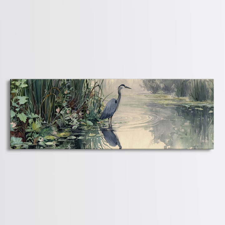 Serene Watercolor Painting Of Heron Standing In Misty Wetlands Surrounded By Lush Vegetation Wall Art