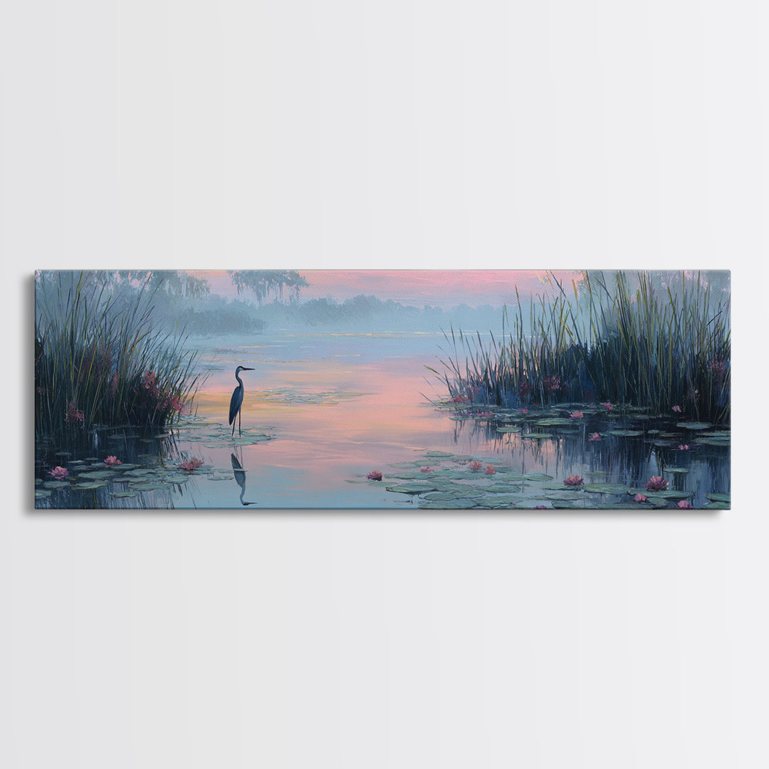 Tranquil Wetland Scene With Heron Standing Among Lilies At Sunrise Wall Art Canvas Print For Bedroom Decor