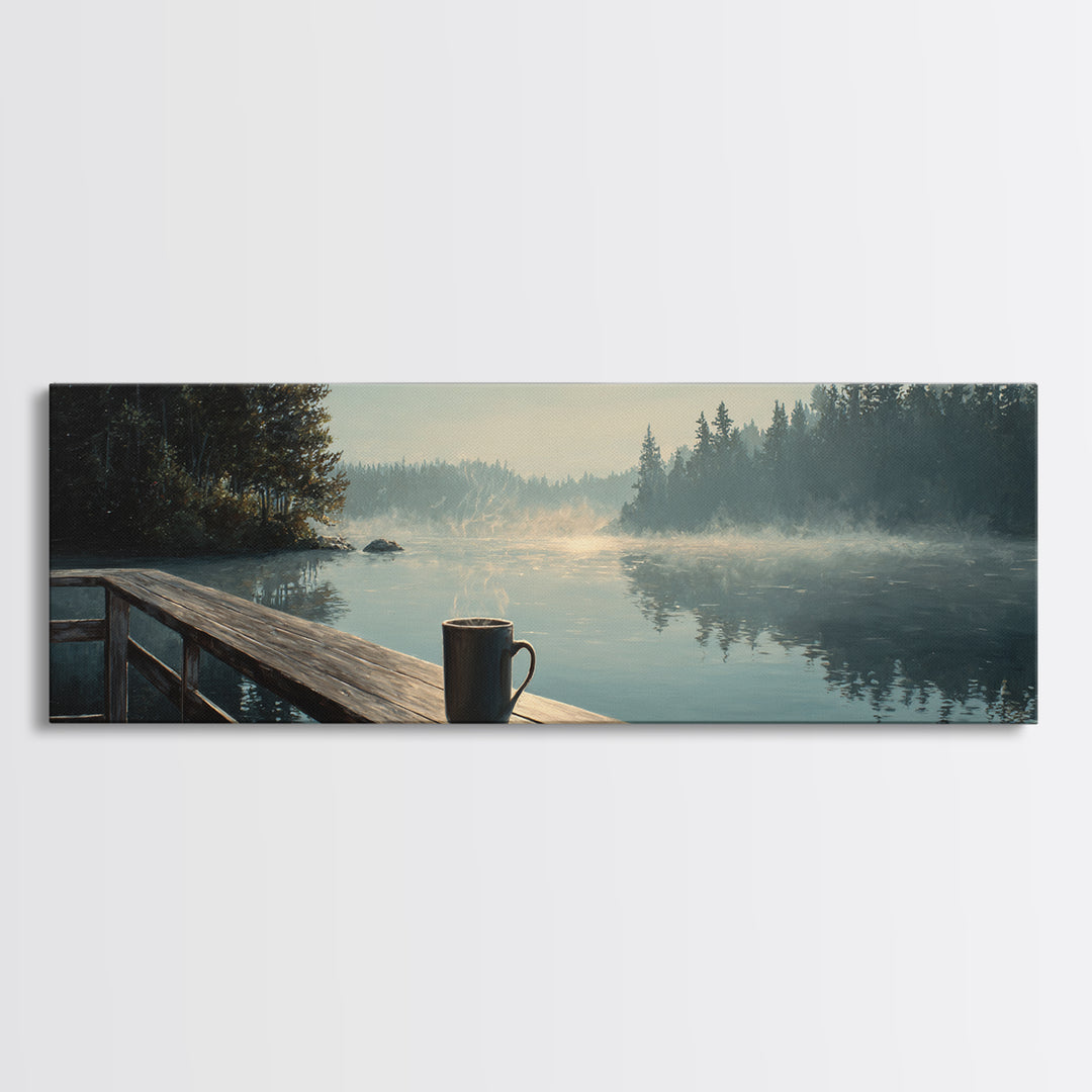 Calm Morning Lake View With Pier And Rising Mist Landscape Painting Wall Art Canvas Print Large Decor For Rustic Home And Cabin