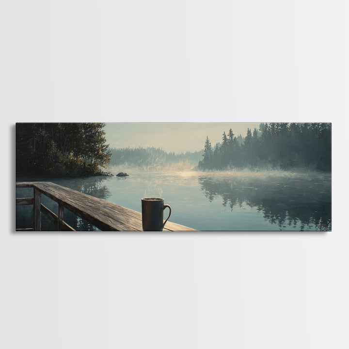 Calm Morning Lake View With Pier And Rising Mist Landscape Painting Wall Art Canvas Print Large Decor For Rustic Home And Cabin