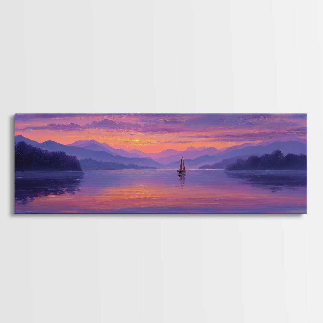 Serene Sunset Lake Landscape With Sailboat And Purple Mountains Painting Wall Art Framed Canvas Print For Tranquil Living Room Decor And Nature Lovers