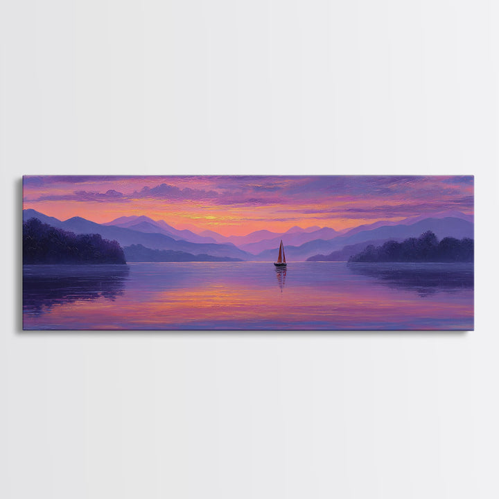 Serene Sunset Lake Landscape With Sailboat And Purple Mountains Painting Wall Art Framed Canvas Print For Tranquil Living Room Decor And Nature Lovers