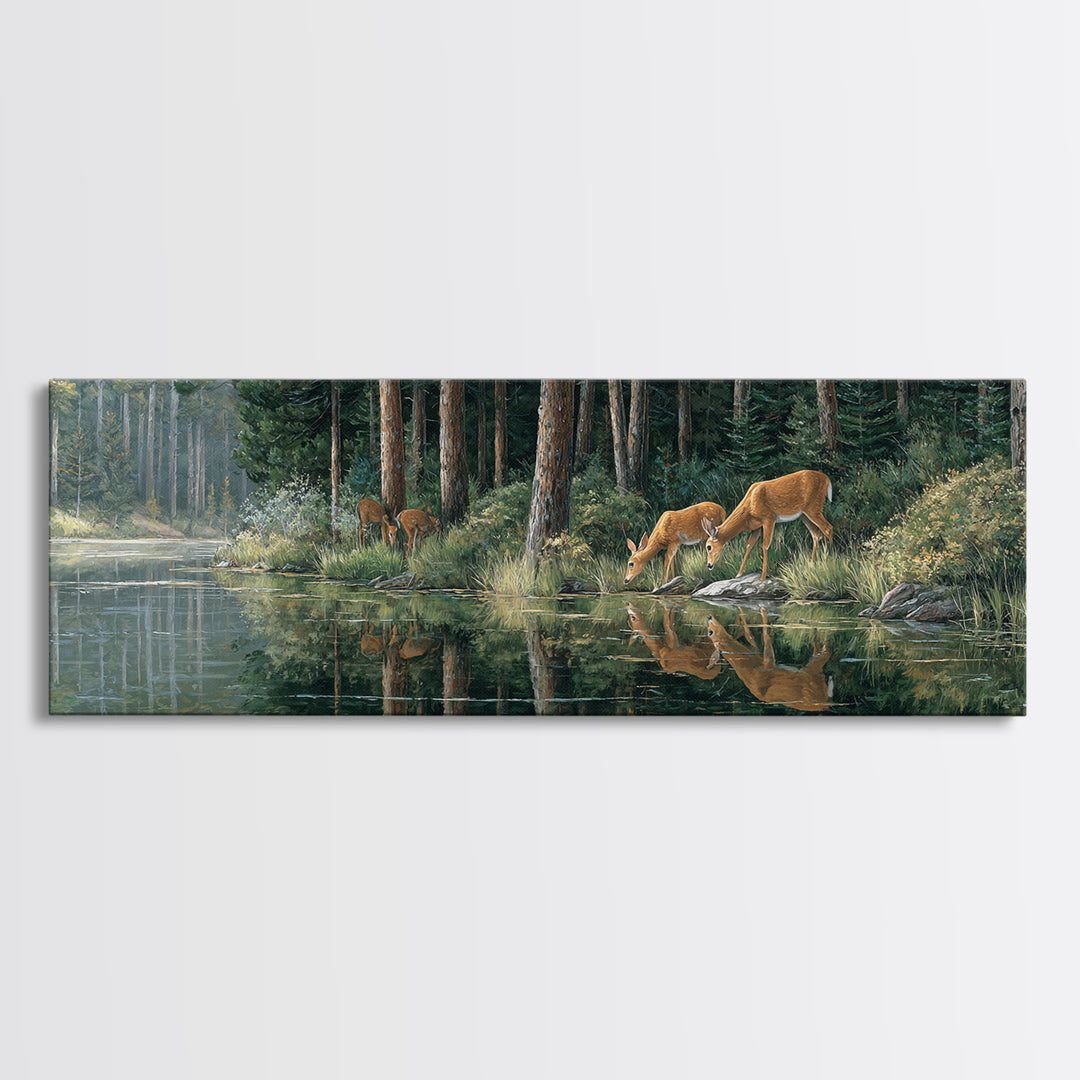 Peaceful Forest Scene With Deer Drinking By The Stream Reflective Nature Wall Art For Living Room Decor Framed Canvas Print