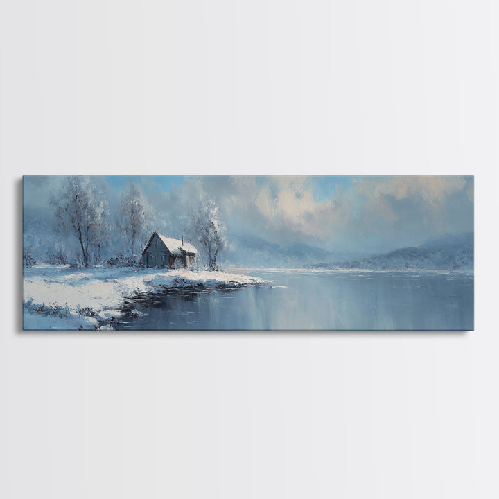 Peaceful Winter Lake Landscape With Snow Covered Cabin Painting Canvas Print Large Wall Art For Cozy Home Decor