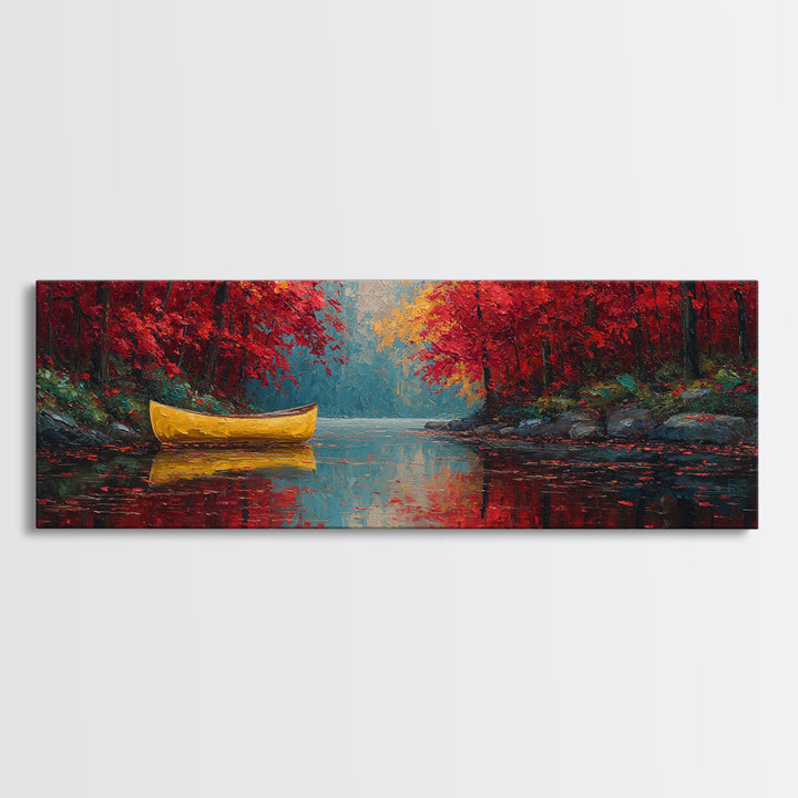 Vibrant Yellow Canoe On Calm Lake With Autumn Red Trees Framed Canvas Print Rustic Fall Wall Art