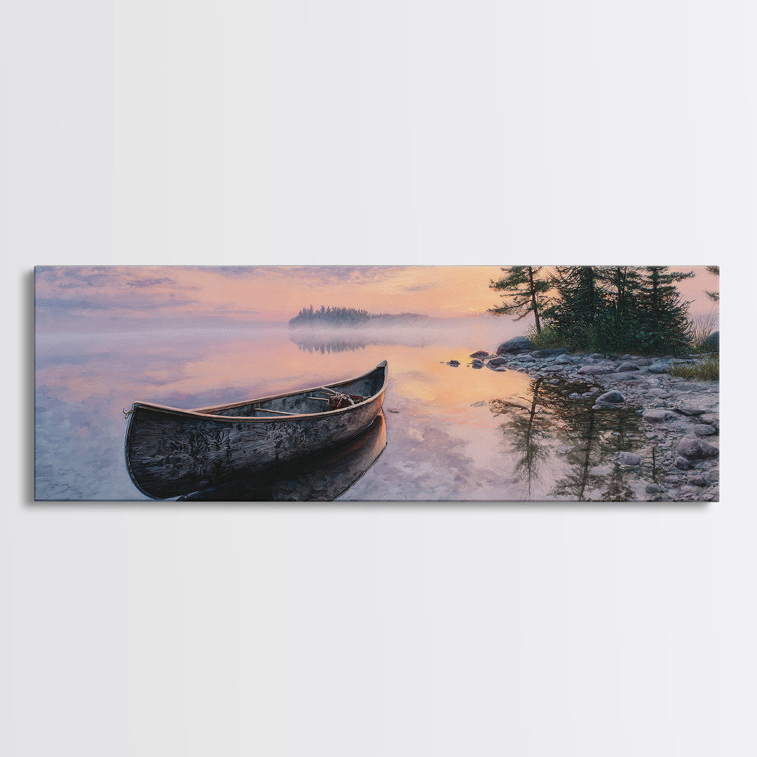 Peaceful Canoe At Sunrise On Misty Lake Landscape Wall Art Framed Canvas Print For Bedroom Or Living Room Decor