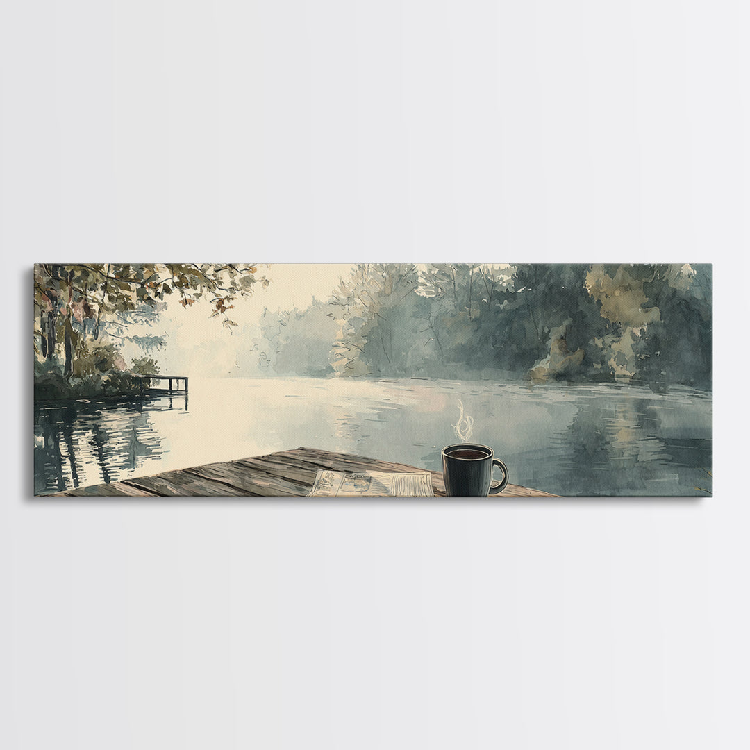 Misty Lakeside Dock Coffee Morning Wall Art, Horizontal Landscape Canvas, Cozy Cabin Decor, Lake House Living Room Print