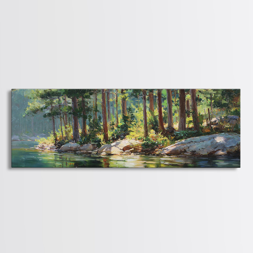 Sunlit Pine Lake Shore Wall Art, Forest Landscape Canvas Print, Nature Wall Decor, Cabin Decor, Large Horizontal Art, Living Room Decor