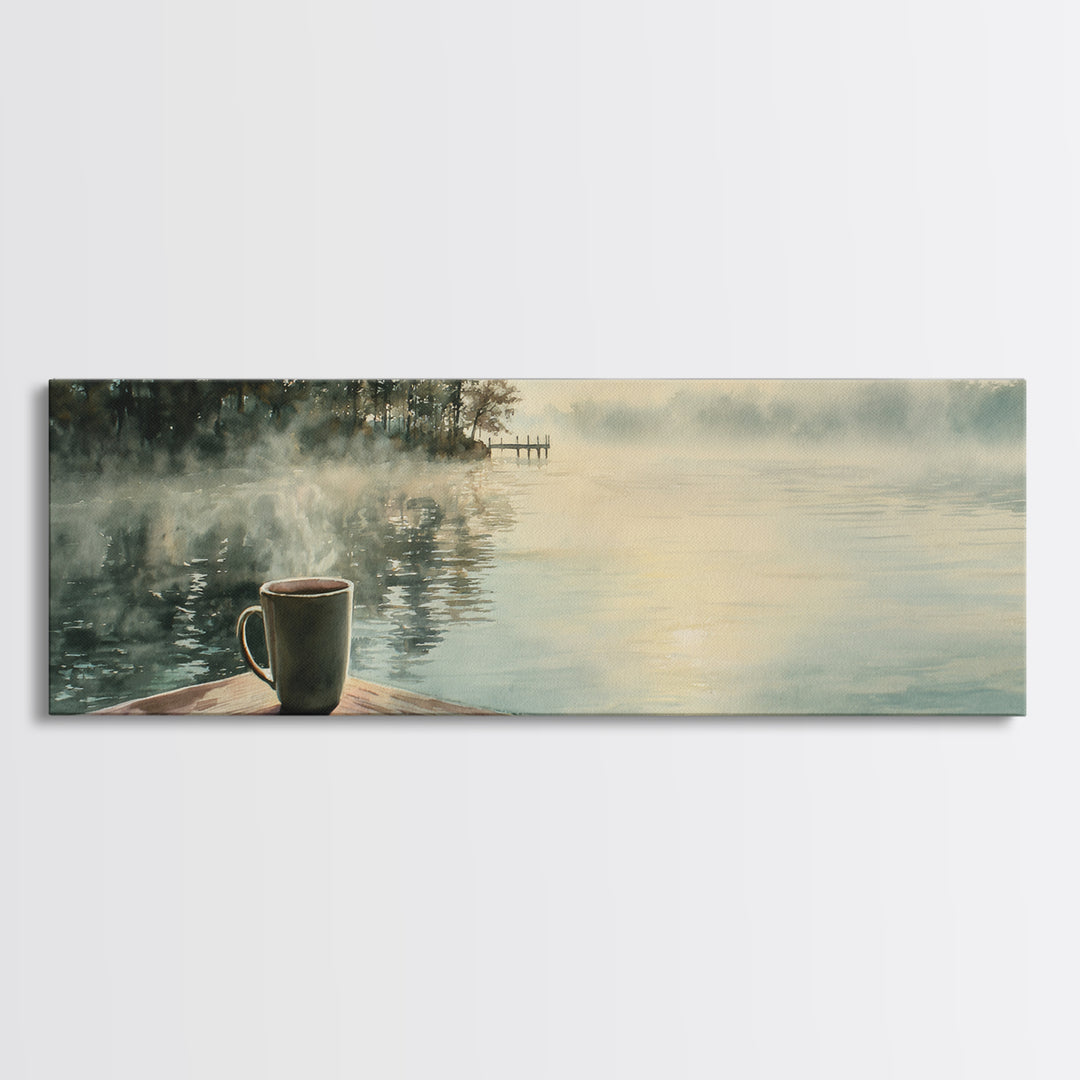 Misty Lake Coffee On Dock Wall Art, Peaceful Morning Landscape Canvas Print, Cozy Kitchen Decor, Calm Nature Wall Decor Art